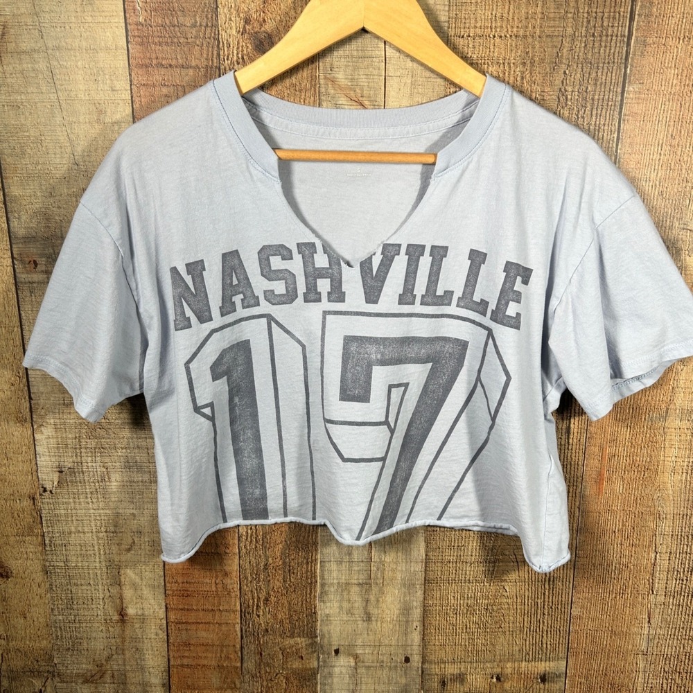 Hollister Light Blue Nashville Graphic Raw Hem Crop Top Tee Small Oversized